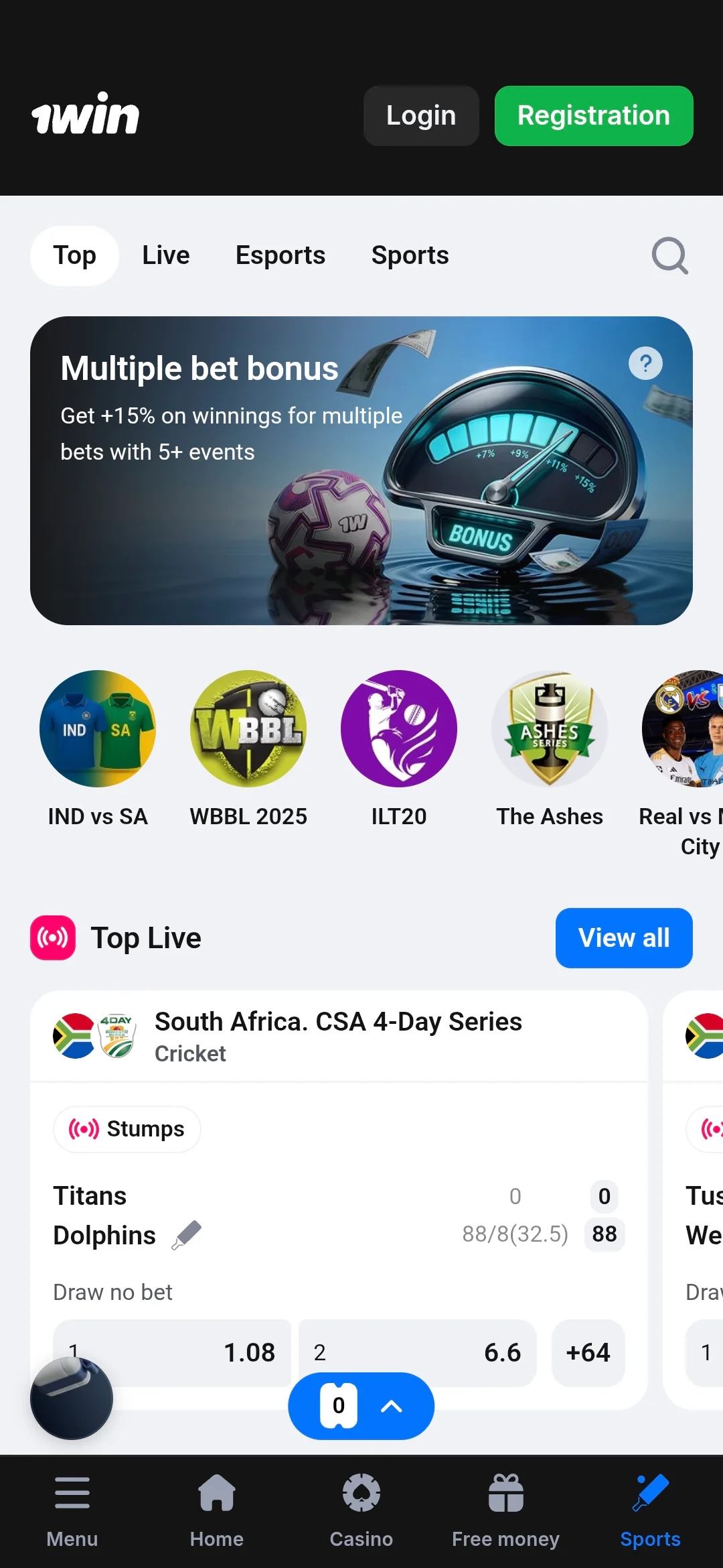 1win mobile app displaying cricket betting options and live match odds