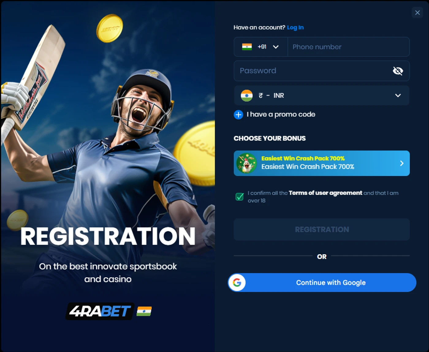 4rabet India homepage displaying cricket betting options and welcome bonus