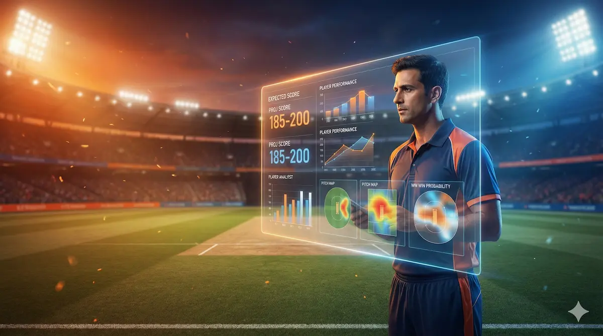 Cricket analytics expert reviewing performance data on a transparent screen at a stadium, representing strategy and prediction analysis