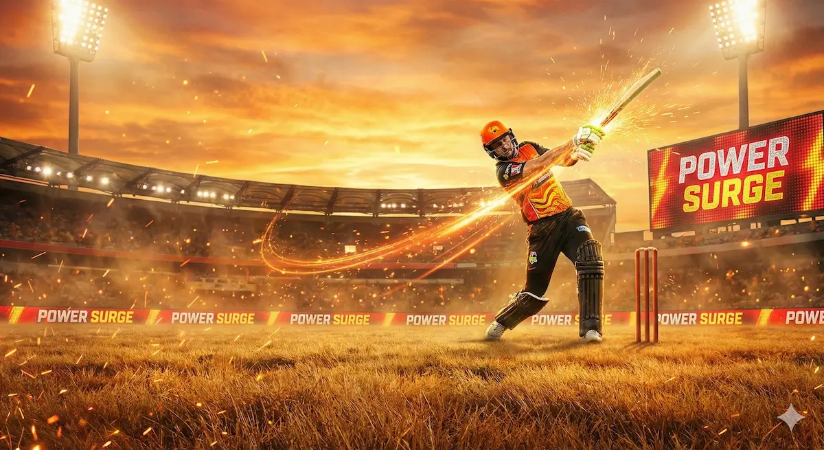 BBL Power Surge cricket action illustration showing a batsman attacking during the Big Bash League power surge overs