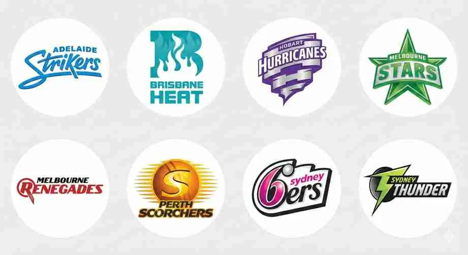 Logos of the eight BBL teams including Scorchers, Sixers, Stars, Heat, Thunder, Hurricanes, Renegades and Strikers