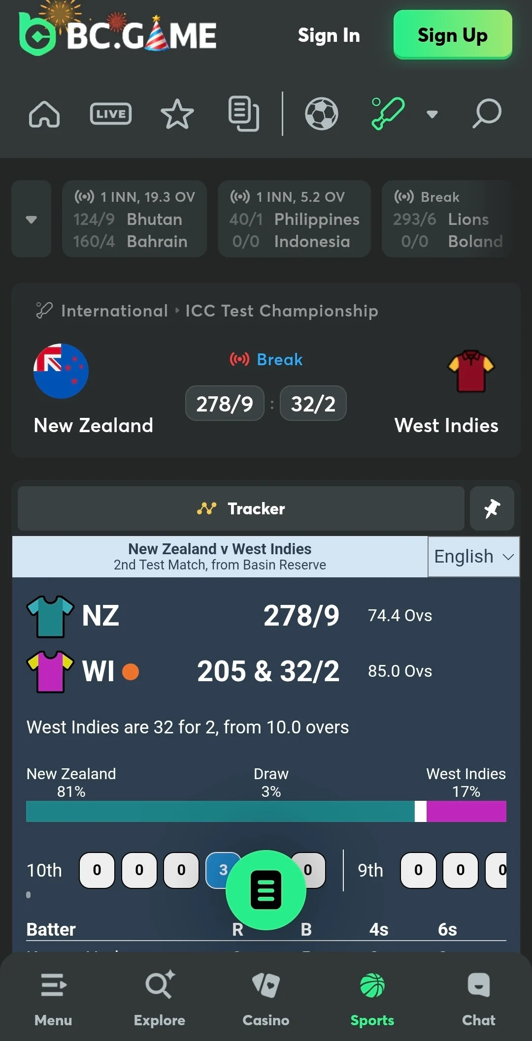 BC.GAME mobile app interface with cricket betting markets