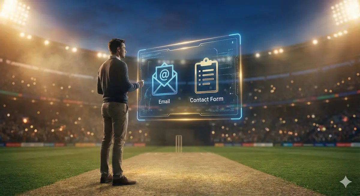 Digital cricket stadium scene with email and contact form icons representing how users can reach CricketPrediction.com