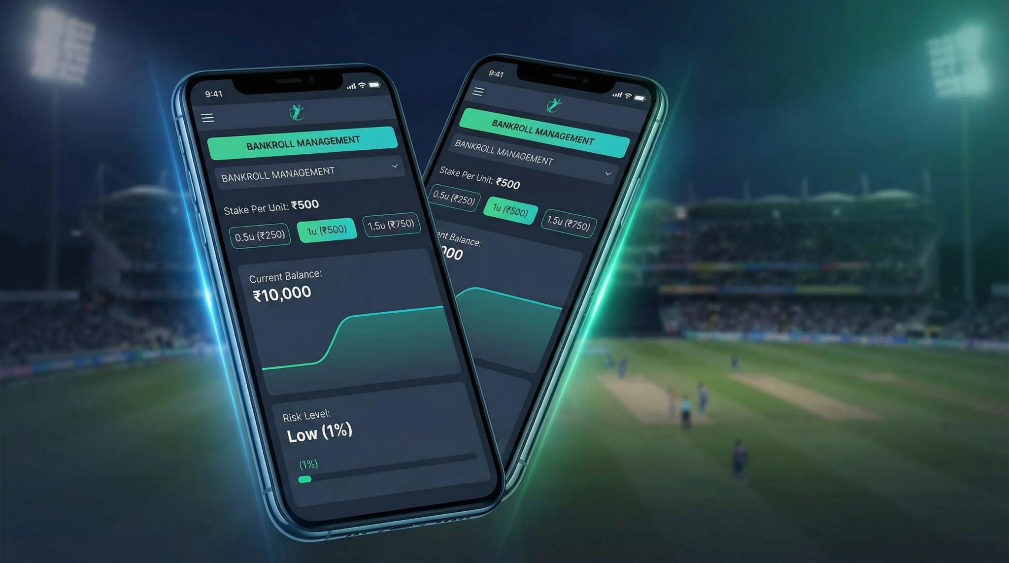 Cricket betting bankroll management illustration showing unit-based staking system with cricket bat, coins, and financial charts