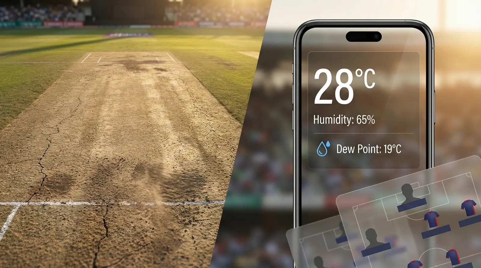 Cricket pitch conditions and weather analysis for betting showing dry cracked pitch surface alongside mobile phone displaying temperature humidity and dew point data with team lineup