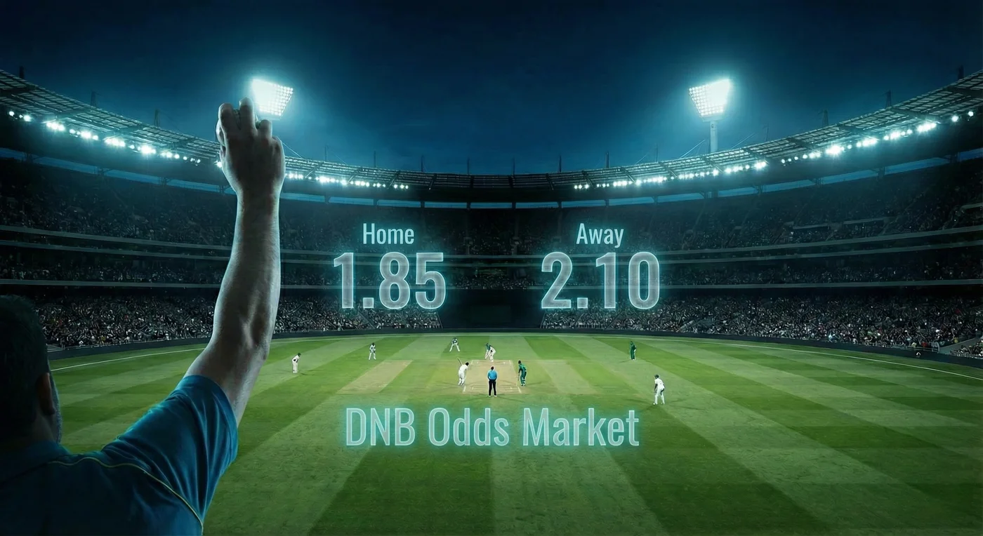 Cricket stadium at night with floodlights and digital betting odds overlay showing live match betting atmosphere