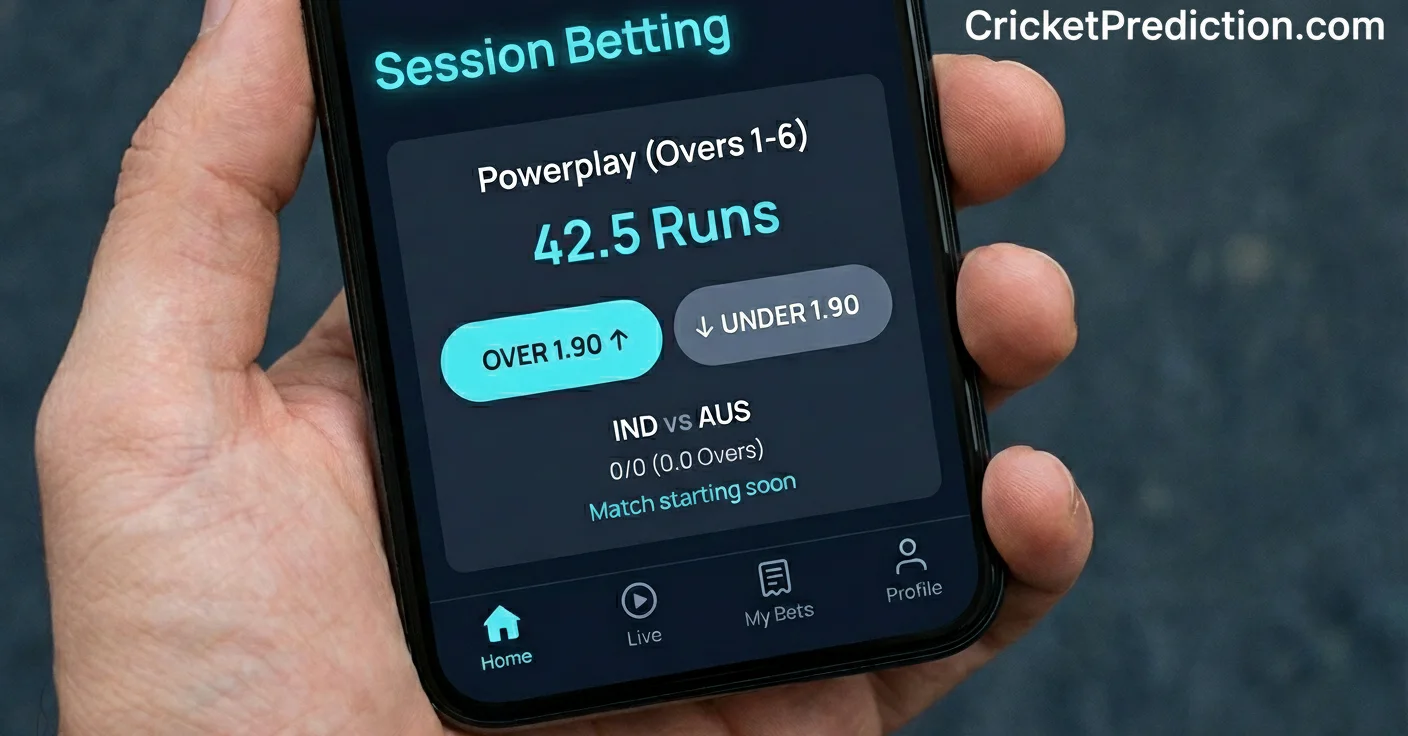 Mobile cricket betting app showing session betting interface with Powerplay overs 1-6 market and over under odds
