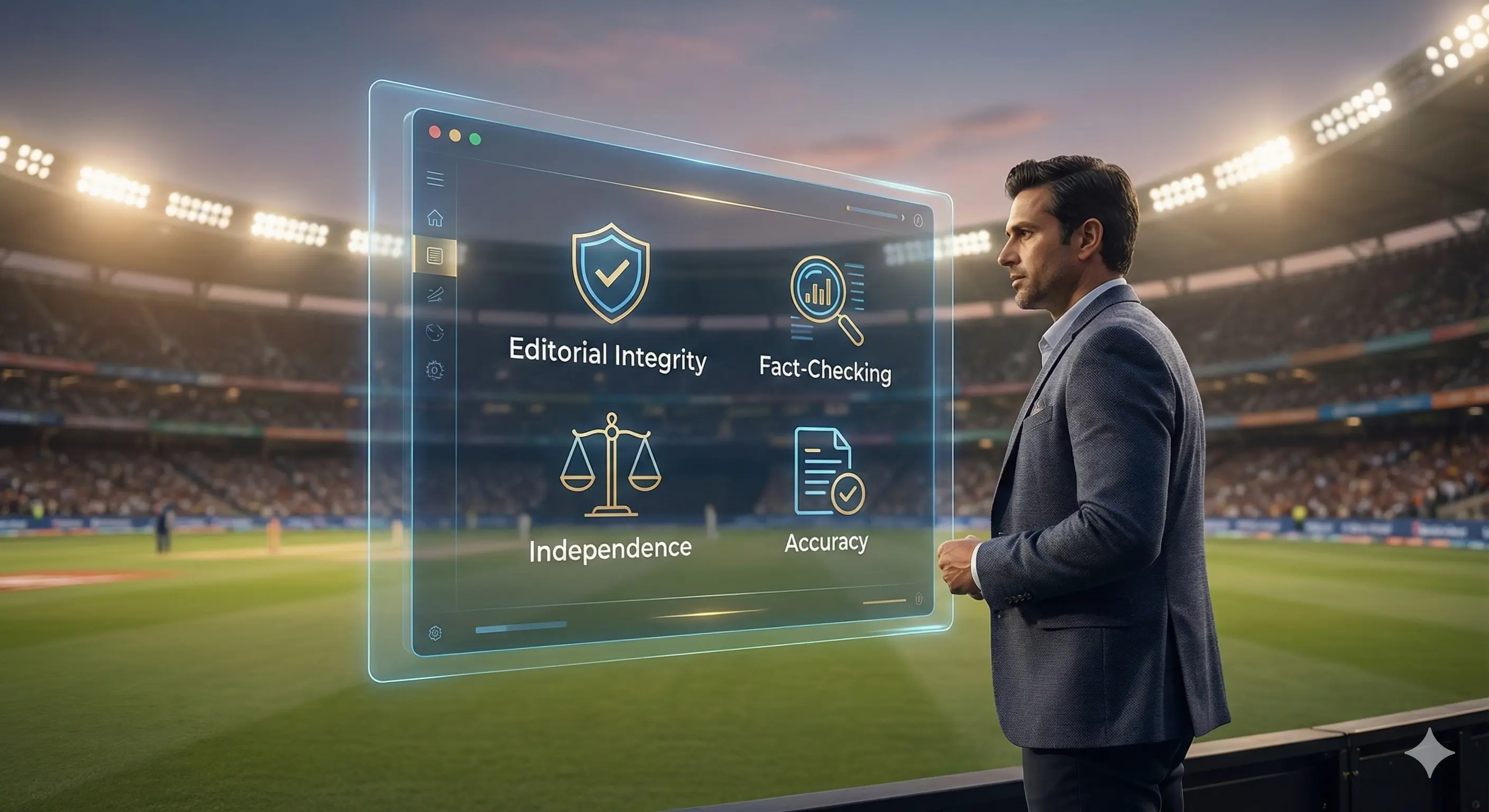 Editorial policy illustration showing principles of integrity, independence, fact checking, and accuracy in a cricket stadium setting