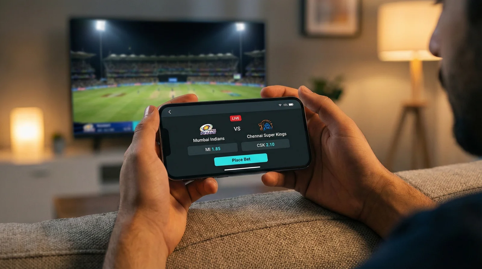 Person placing live IPL bet on mobile app showing Mumbai Indians vs Chennai Super Kings match odds while watching cricket on TV