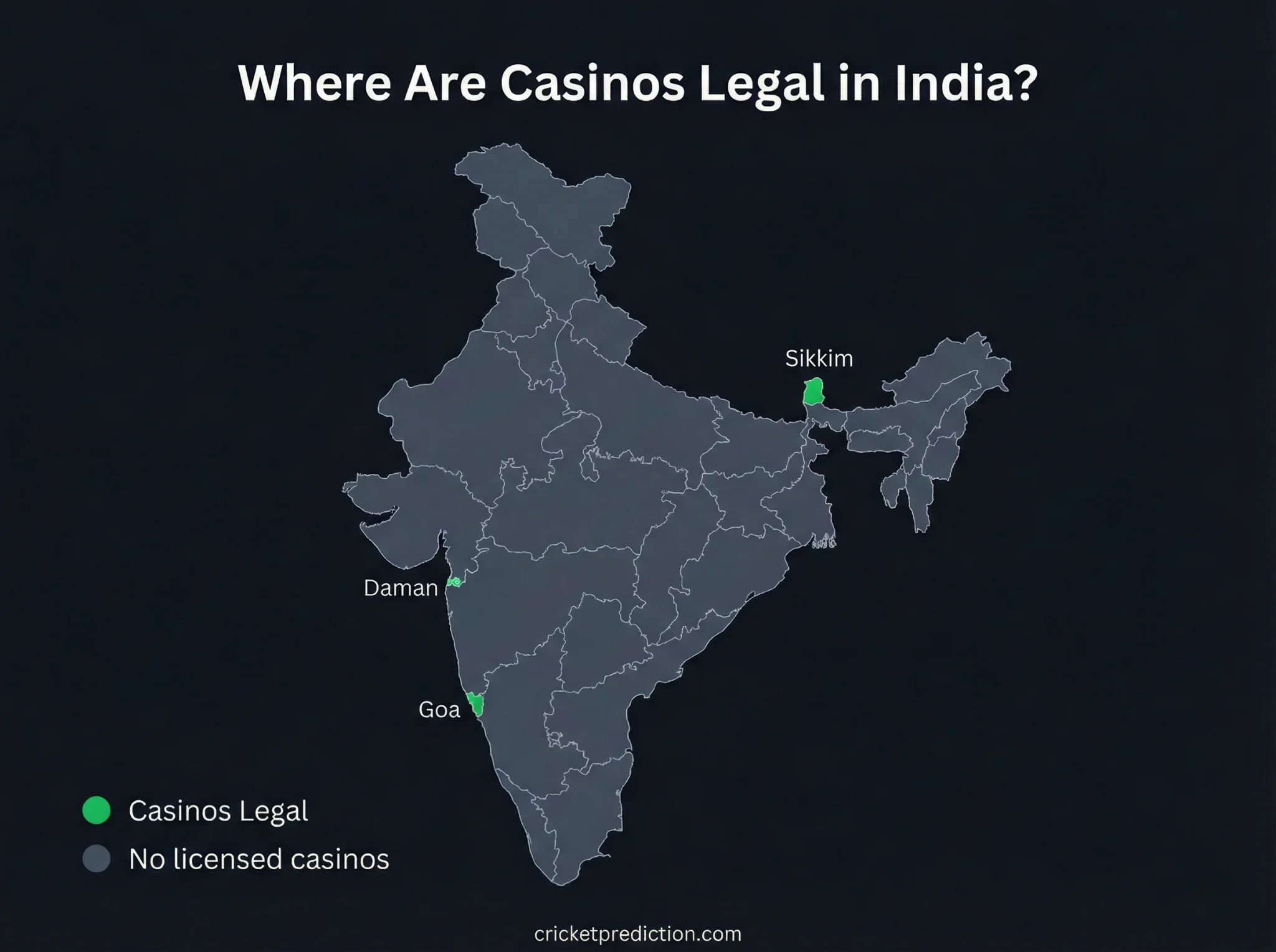 Map of India showing where casinos are legal - Goa, Sikkim, and Daman highlighted in green as states with licensed casinos