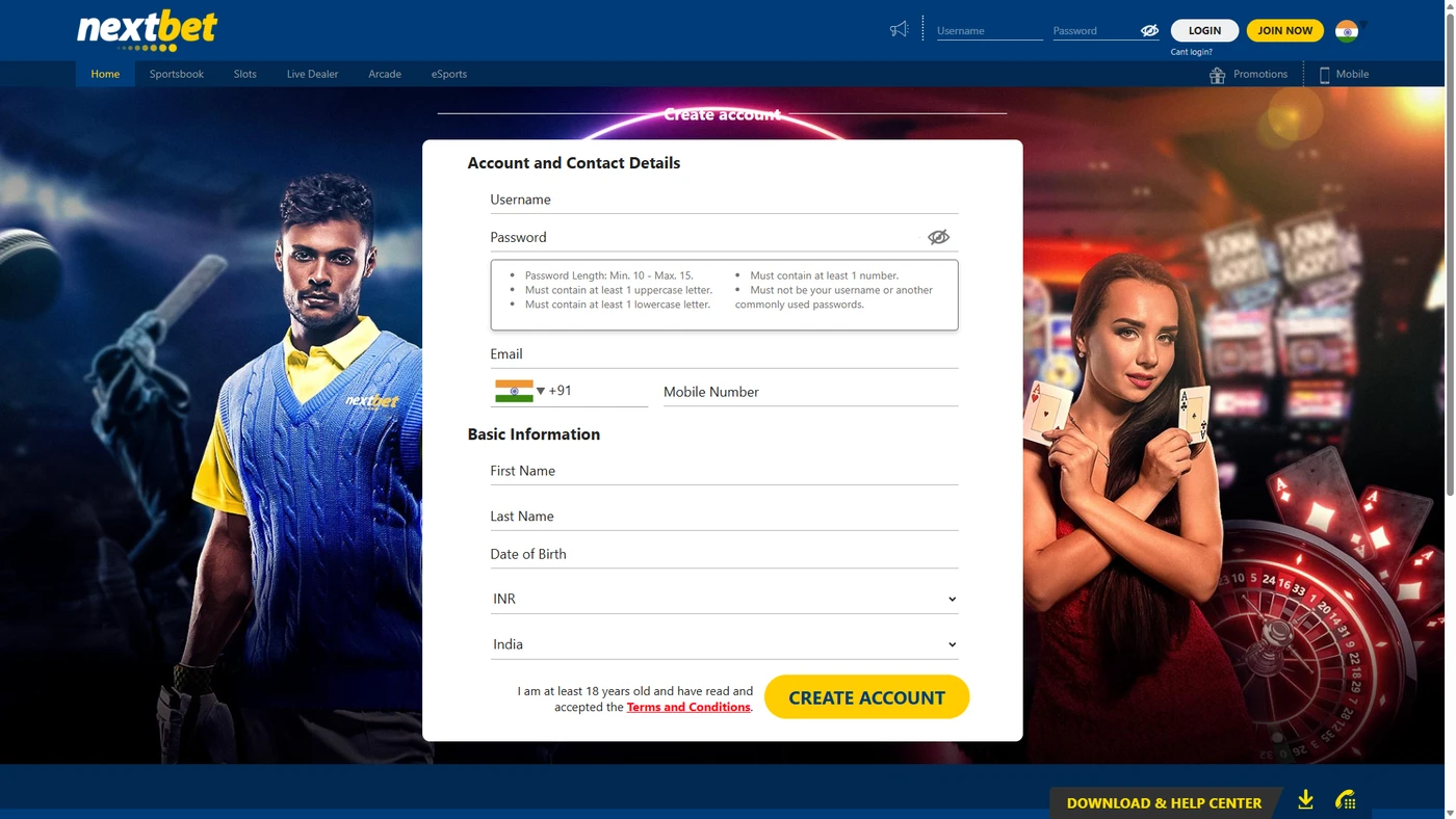 Nextbet registration page for Indian players