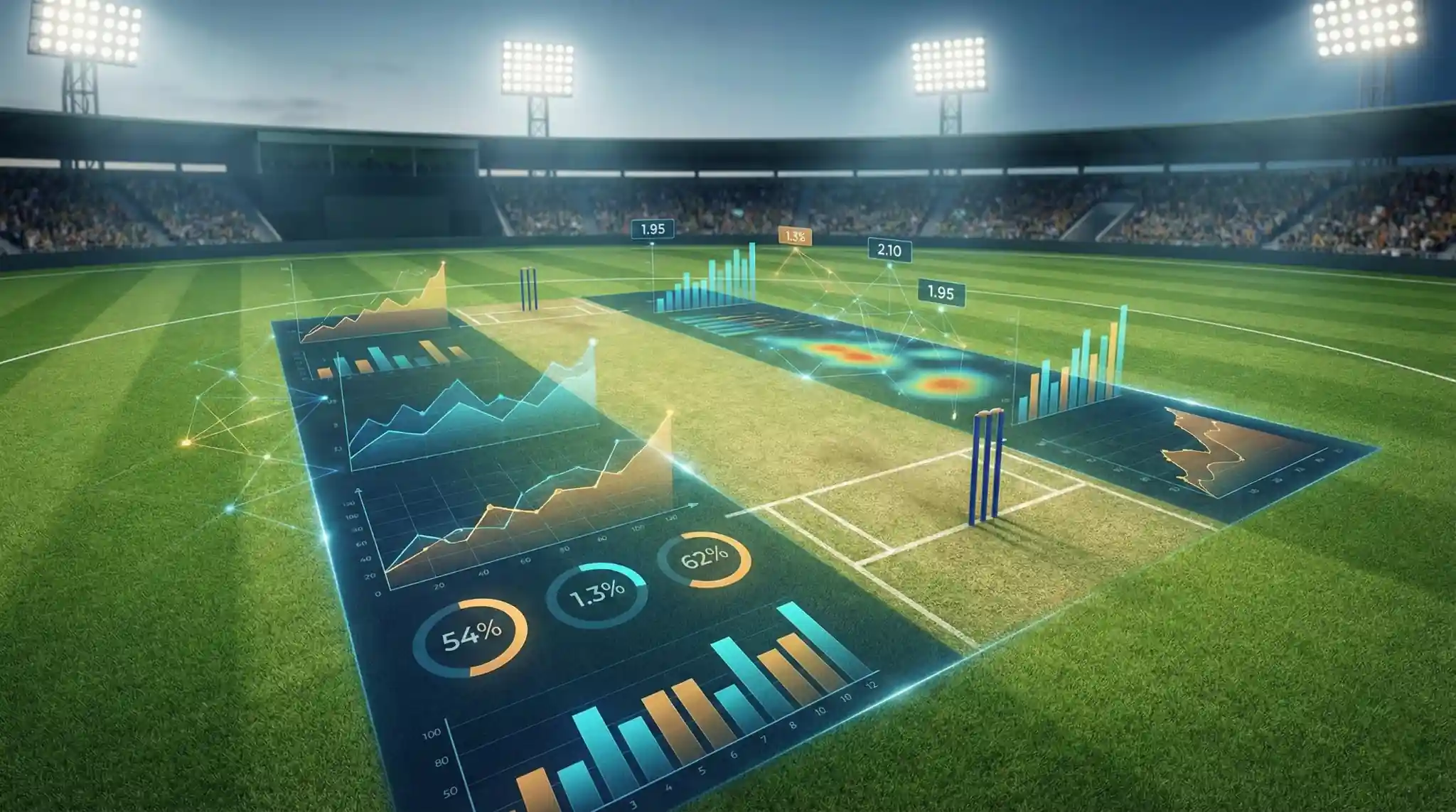 Cricket pitch analysis showing grass texture and soil conditions with data analytics overlay displaying betting odds percentages and match statistics for strategic cricket betting