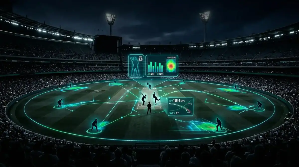AI-powered cricket analytics — holographic player impact data visualized on a cricket field at night