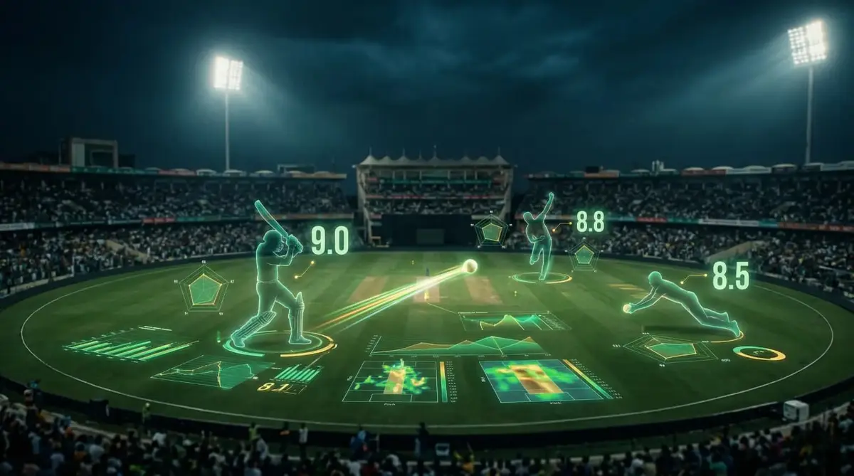 PSL 2026 AI Player Impact Index — holographic player silhouettes with impact scores 9.0, 8.8, 8.5 floating over a Pakistan cricket stadium at night with green and gold analytics data