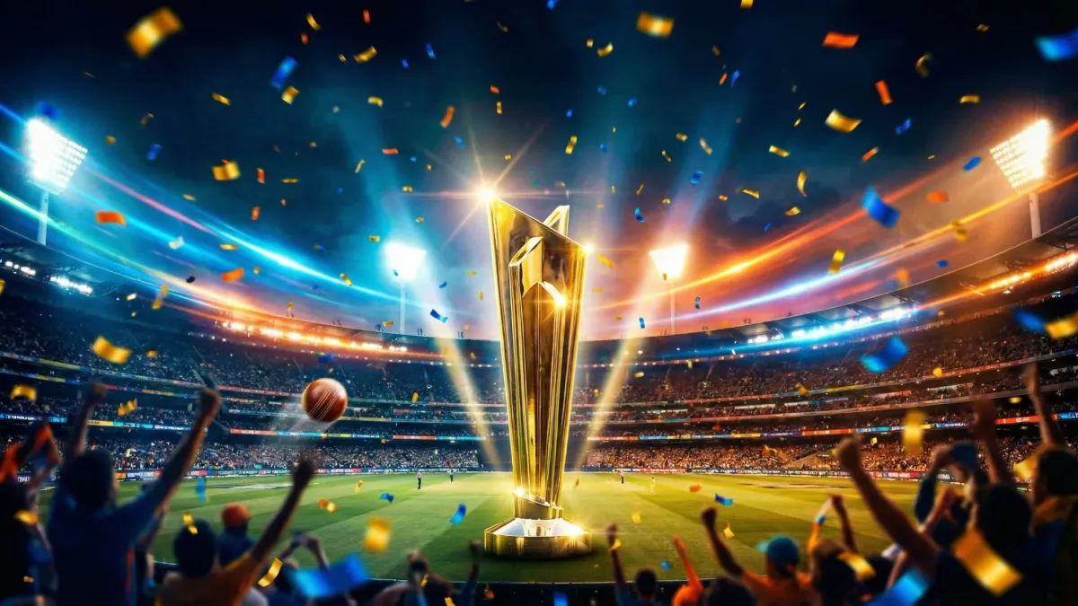 T20 World Cup 2026 - ICC Men's T20 World Cup trophy with India and Sri Lanka flags, representing the co-hosted tournament