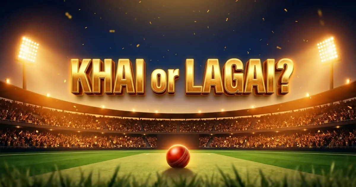 Gold KHAI or LAGAI headline text over an IPL cricket stadium at night with floodlights, cheering crowd, and a red cricket ball on the pitch
