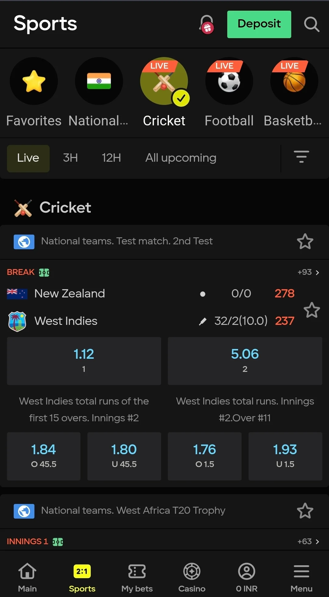 Parimatch mobile app showing live cricket match odds
