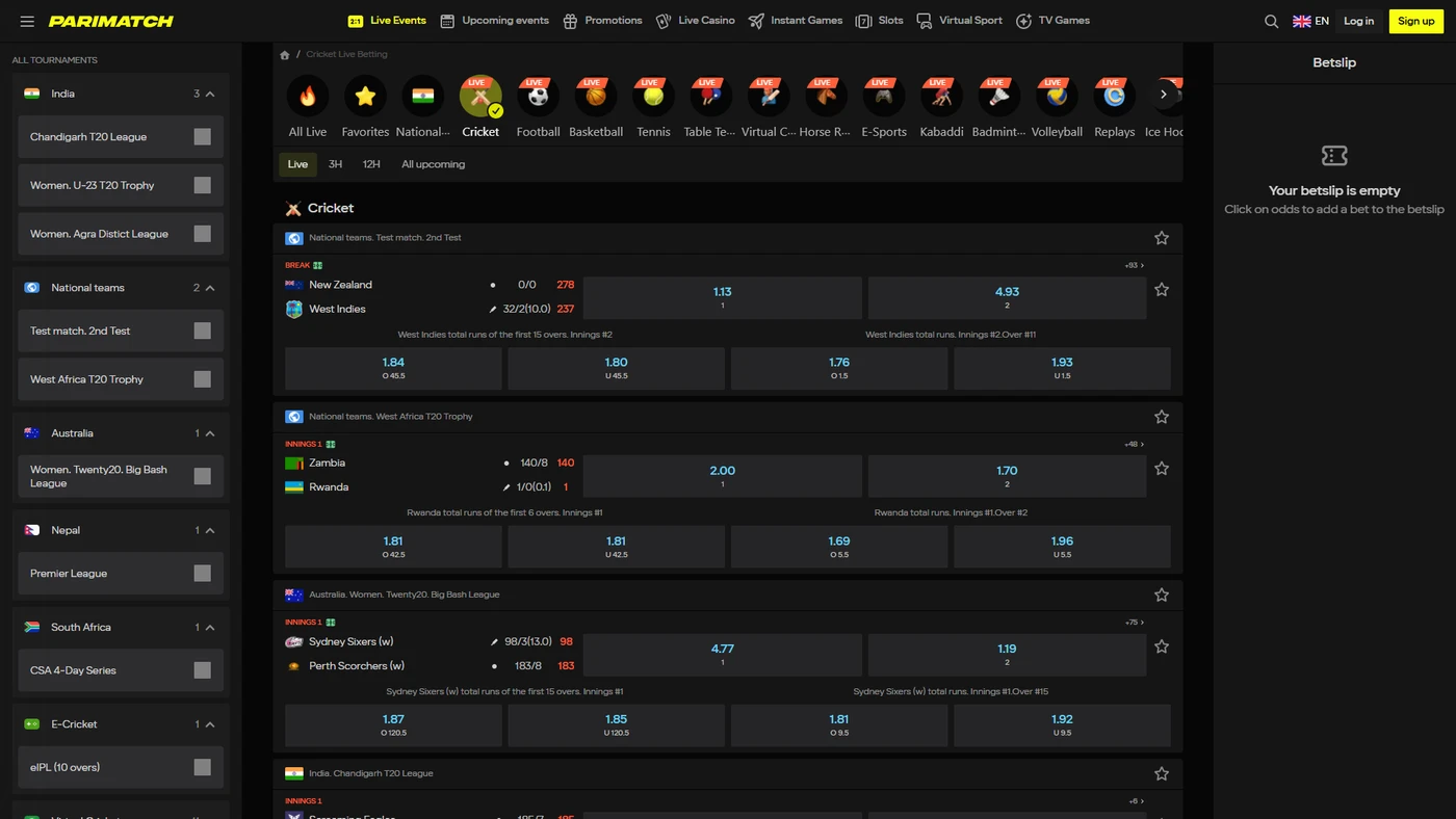 Parimatch India homepage with cricket betting markets and promotions