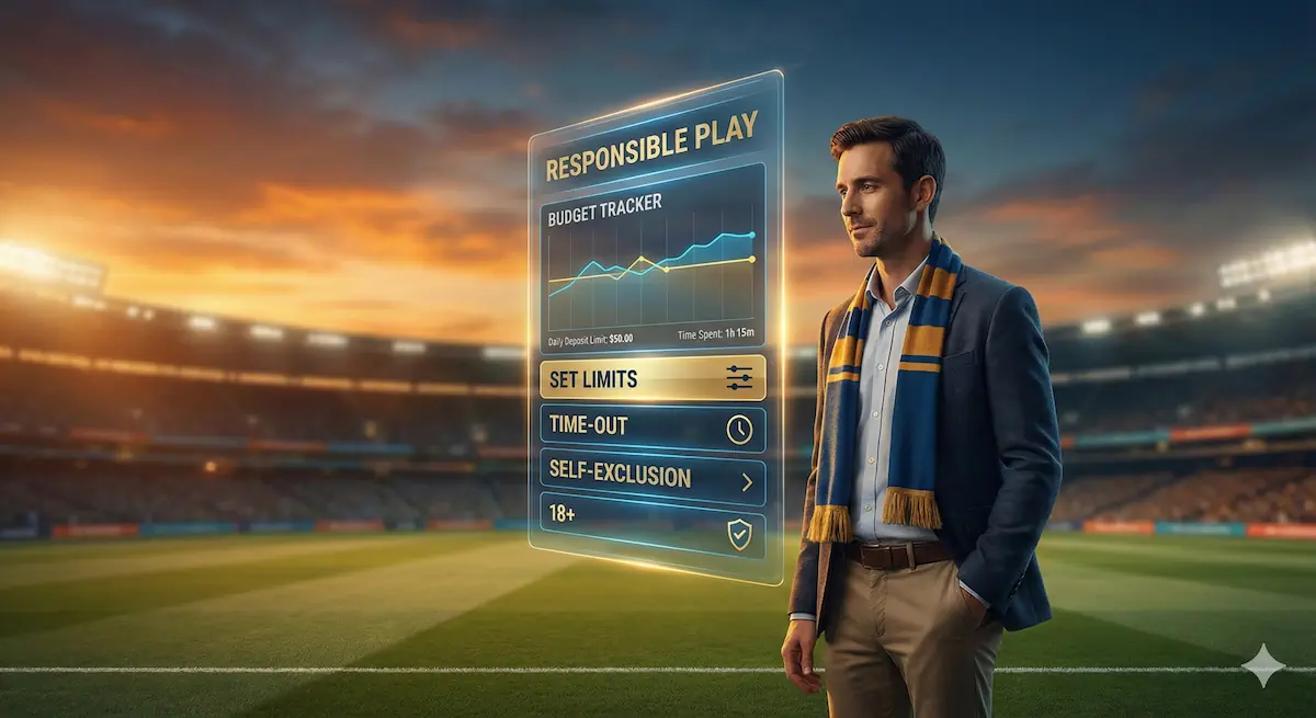 Responsible gambling tools illustration showing budget tracker, set limits, time out and self exclusion on a cricket stadium background