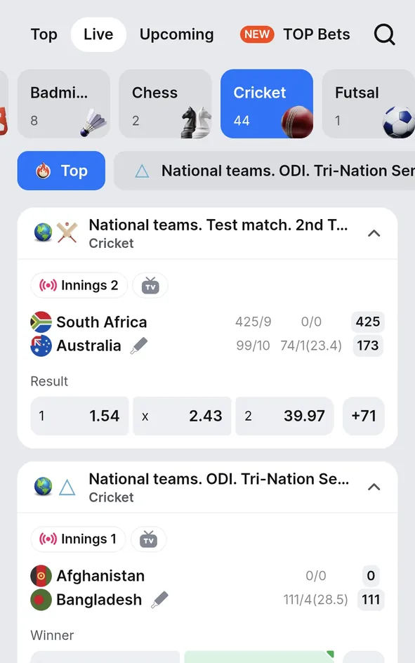 1win app Sports Live tab: Cricket 44, the South Africa v Australia Test and Afghanistan v Bangladesh