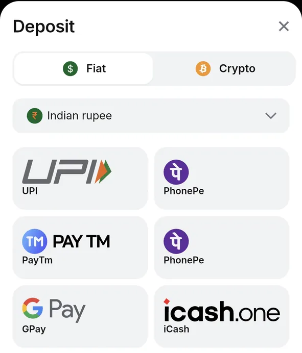 1win Deposit sheet for Indian rupee: UPI, PhonePe, PayTm, a second PhonePe tile, GPay and iCash