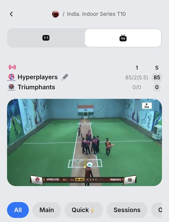 1win live match page for an Indoor Series T10 game with the TV view playing the match