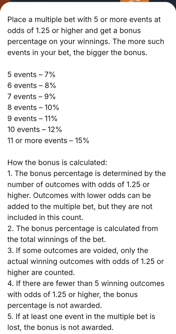 1win Multiple bet bonus: 7% for 5 events at 1.25 or higher, up to 15% for 11 or more