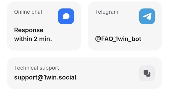 1win support options: online chat, the Telegram bot @FAQ_1win_bot and support@1win.social