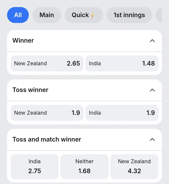 1win markets for New Zealand v India: Winner, Toss winner at 1.9 each, and Toss and match winner