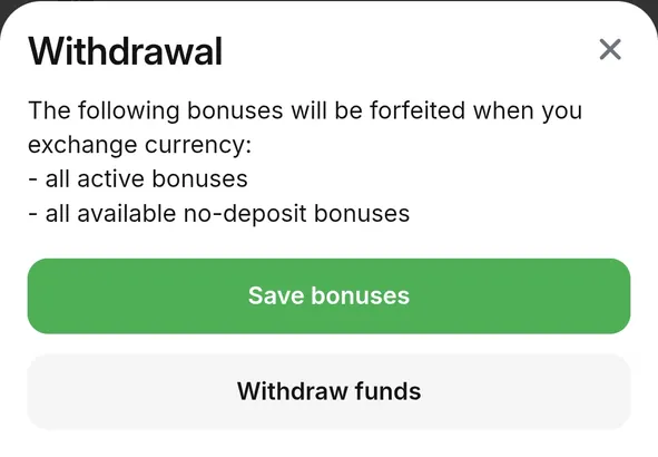 1win Withdrawal note: active and no-deposit bonuses are forfeited when you exchange currency