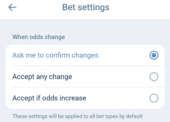 1xBet Bet settings with Ask me to confirm changes, Accept any change and Accept if odds increase