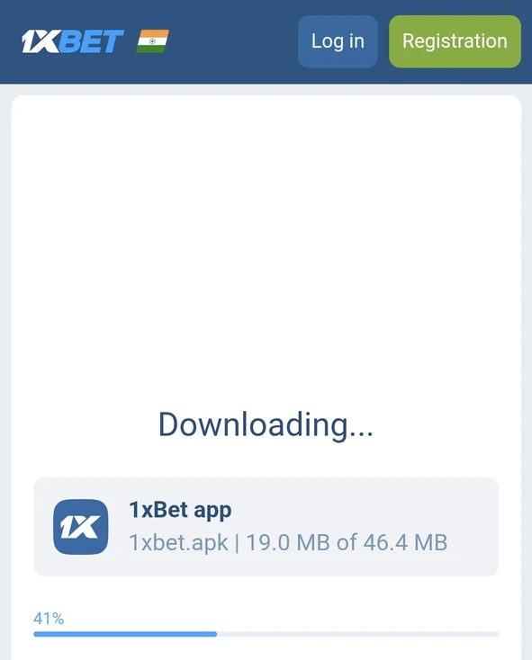 1xBet download page with Log in and Registration buttons, downloading 1xbet.apk, 19.0 MB of 46.4 MB