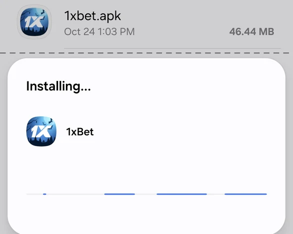 The 1xbet.apk file at 46.44 MB above Android's installer dialog reading Installing... 1xBet