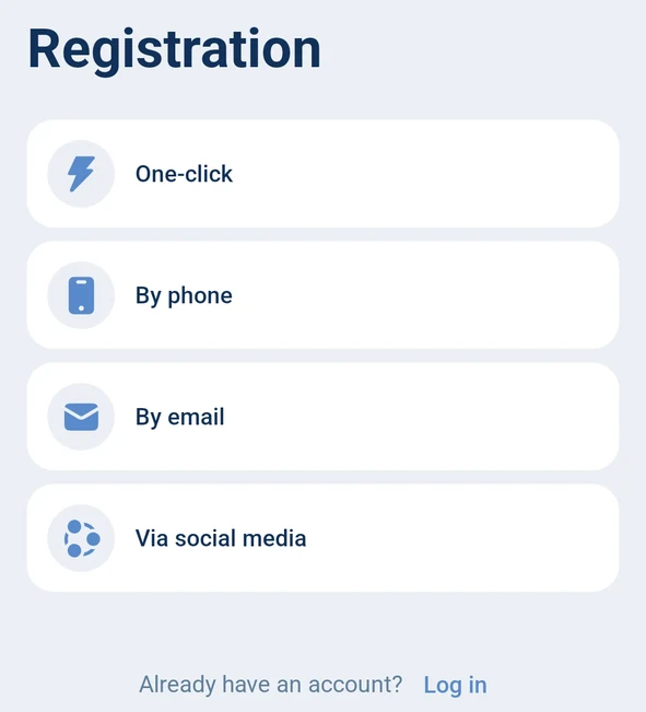 1xBet Registration screen with One-click, By phone, By email and Via social media sign-up options