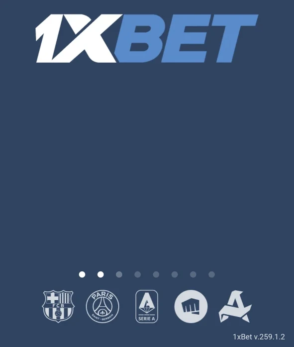 1xBet app first screen with the 1xBet logo and the version 1xBet v.259.1.2 in the corner