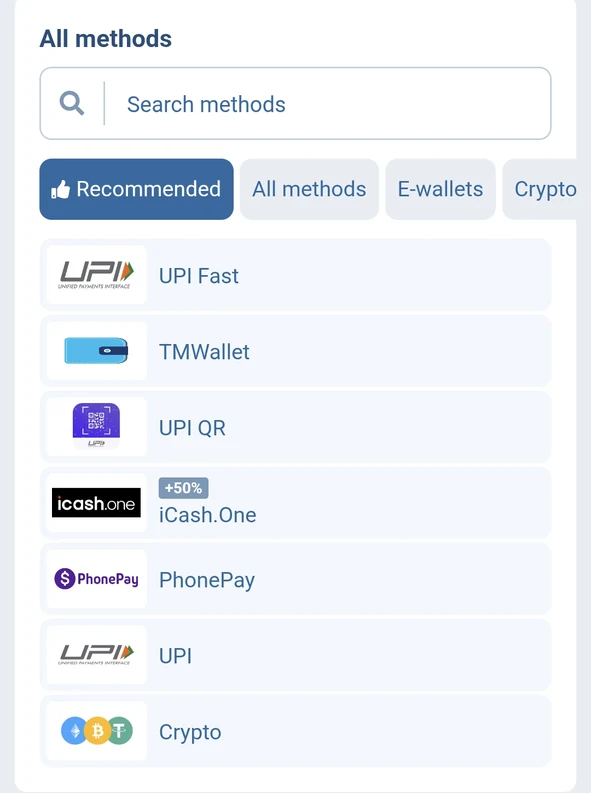 1xBet rupee deposit methods with Crypto in its recommended list