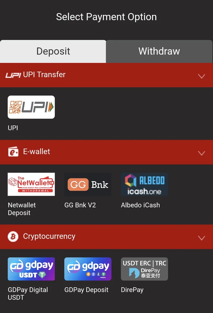 Dafabet cashier, Deposit tab: UPI, then Netwallet, GG Bnk and Albedo iCash, then GDPay and DirePay for crypto