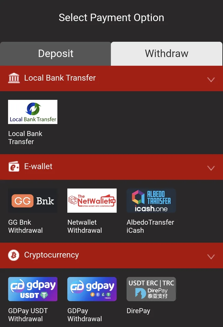 Dafabet cashier, Withdraw tab: Local Bank Transfer, GG Bnk, Netwallet and AlbedoTransfer iCash, GDPay and DirePay