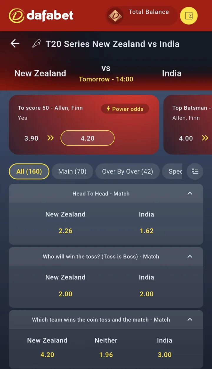 Dafa Sports match page, New Zealand v India: All (160) markets, Toss is Boss at 2.00 each, and a Power odds card