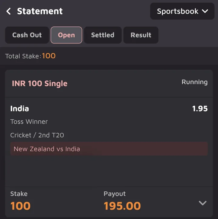 OW Sports statement, Open tab: INR 100 single on India, Toss Winner at 1.95, New Zealand v India 2nd T20, Running