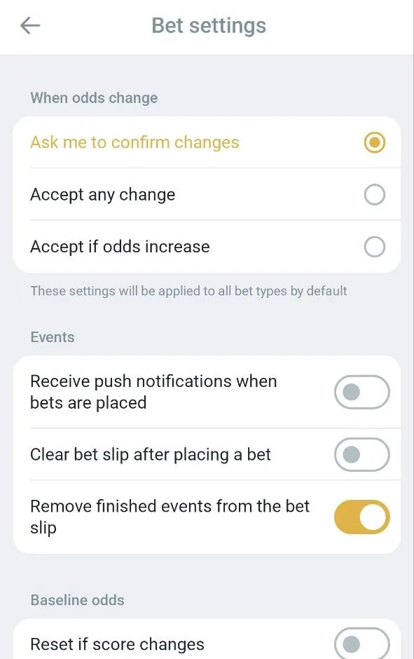 Melbet bet settings with Ask me to confirm changes, Accept any change and Accept if odds increase