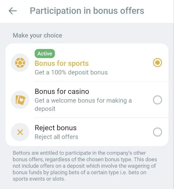 Melbet Participation in bonus offers screen with Bonus for sports, Bonus for casino and Reject bonus