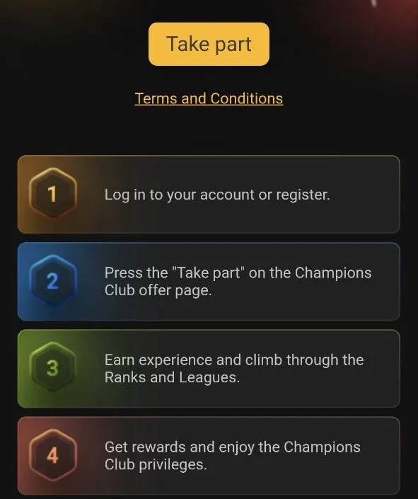 Melbet Champions Club page with a Take part button and four steps to earn experience and rewards