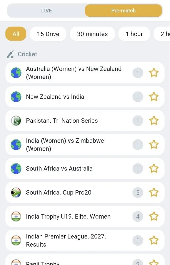 Melbet pre-match cricket list with internationals, the Ranji Trophy and an IPL 2027 market