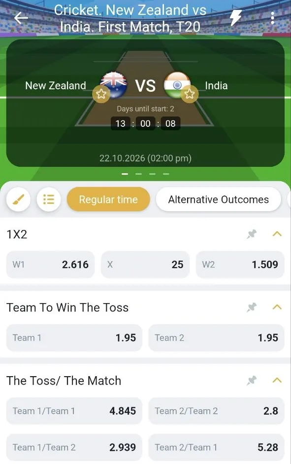 Melbet New Zealand v India market list with 1X2, Team To Win The Toss and The Toss/The Match markets
