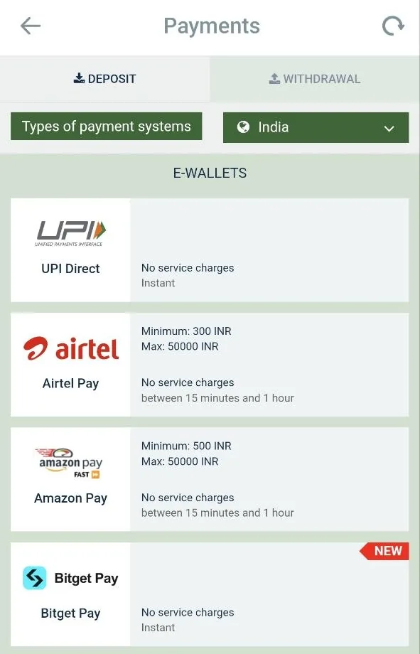 Melbet payments page for India listing UPI Direct, Airtel Pay and Amazon Pay with limits and no service charges