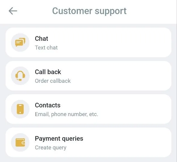 Melbet customer support menu with Chat, Call back, Contacts and Payment queries