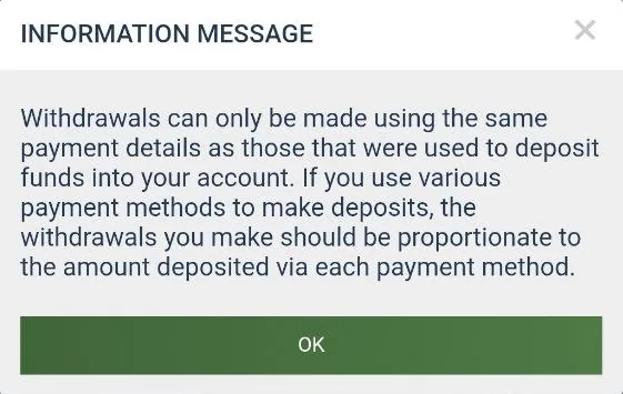 Melbet information message: withdrawals only to the payment details used to deposit, split in proportion across methods