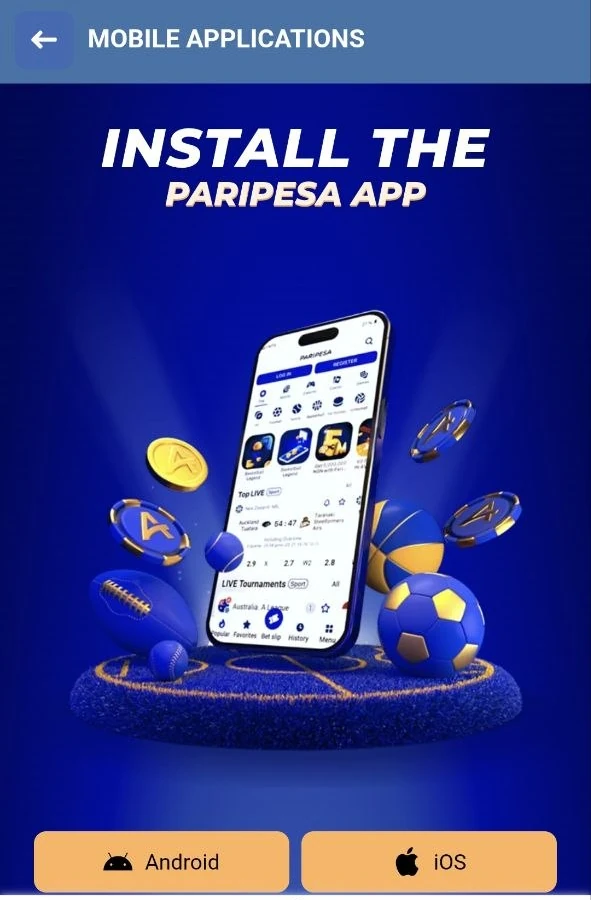 Paripesa Mobile applications page: Install the Paripesa app, with Android and iOS buttons