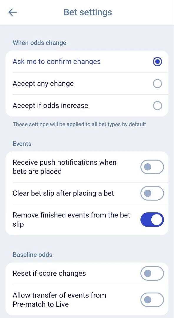 Paripesa bet settings: ask me to confirm changes, accept any change or accept if odds increase